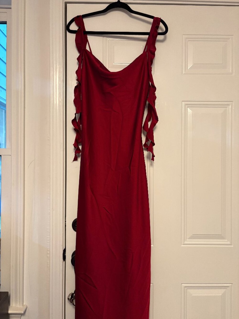 Sincerely Jules Red Satin Cowl Neck Maxi Dress with Ruffle Cold Sho